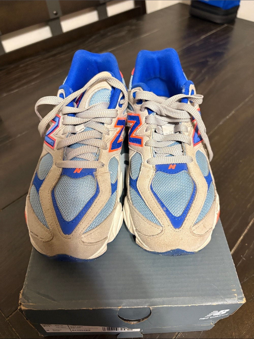 New Balance Kids Blue and Tan Running Sneakers with Orange Accents